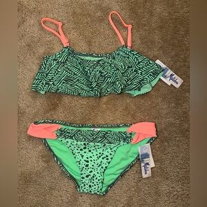 NWT Malibu Dream Girl Green and Coral Women’s Bikini Swimsuit Size S/M
